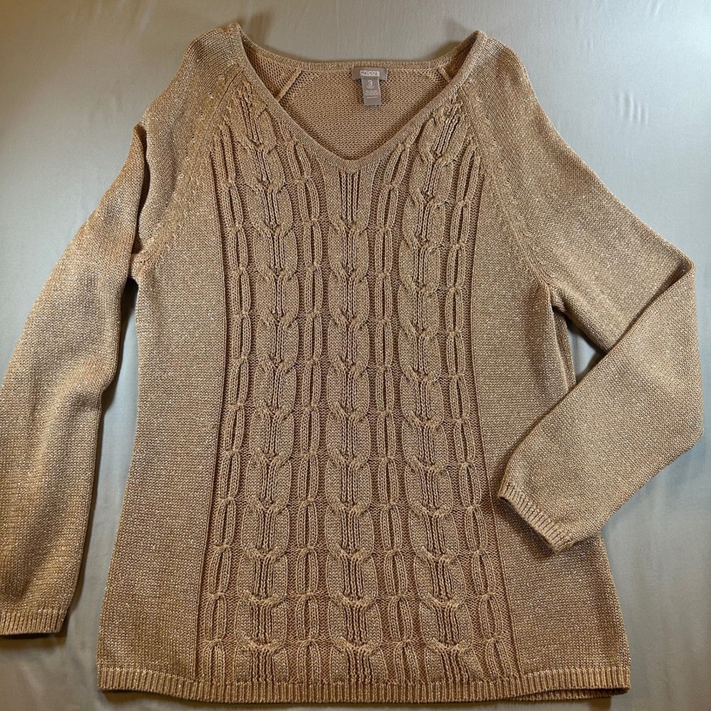Chicos‎ Gold Metallic Cable Knit V-Neck Sweater Womens Size 3 Large XL Shimmer